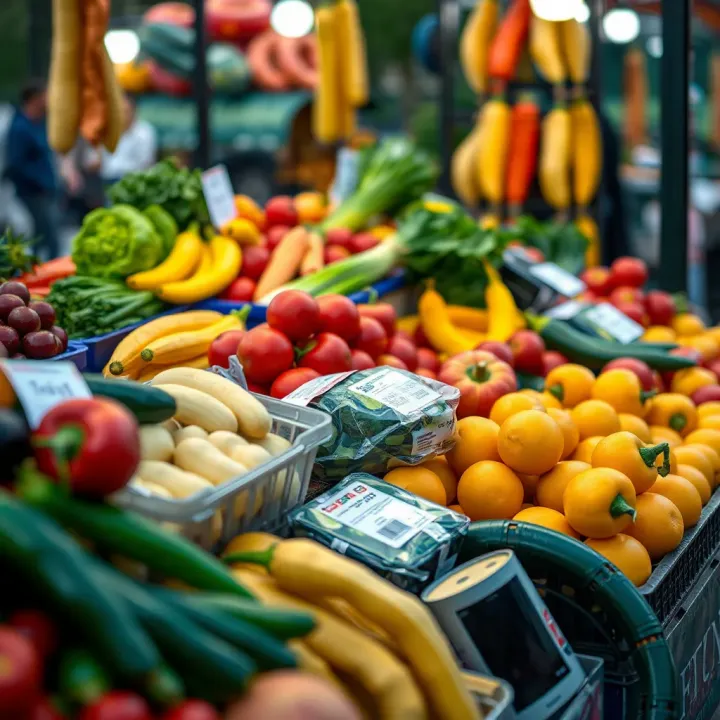 Fresh assortment of colorful fruits and vegetables displayed at a local park market stall