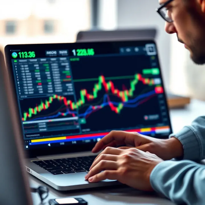 Close-up of a focused individual analyzing forex market data and currency pairs on a laptop
