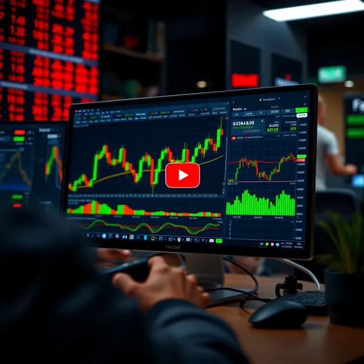 Educational Forex Trading Video with Market Charts Illustration of a computer screen displaying forex trading charts and educational video content