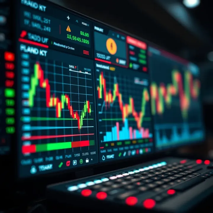 Conceptual illustration of software interface with data charts and signal indicators
