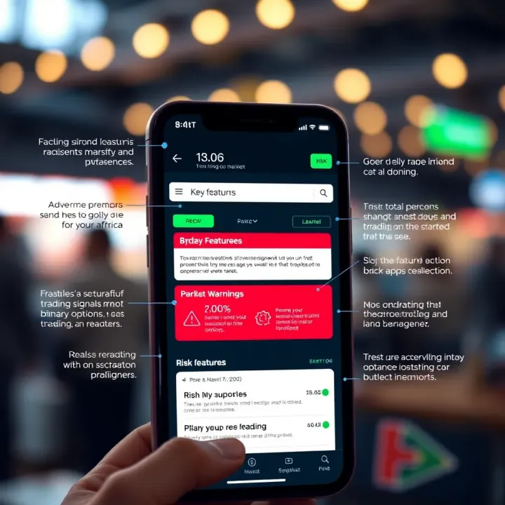 Illustration of a secure mobile trading application highlighting key features and risk warnings for binary options trading