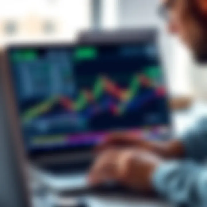 Close-up of a focused individual analyzing forex market data and currency pairs on a laptop