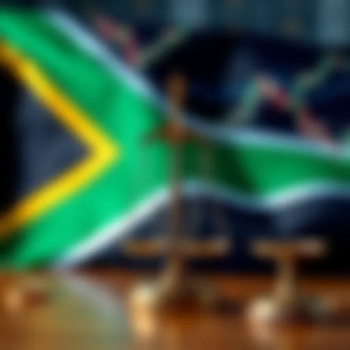 Regulatory Environment and Market Insights for Binary Trading in South Africa South African flag with financial charts and legal scales symbolizing regulation and market analysis