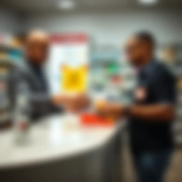 Pharmacy counter with prescription medication being handed over to a customer