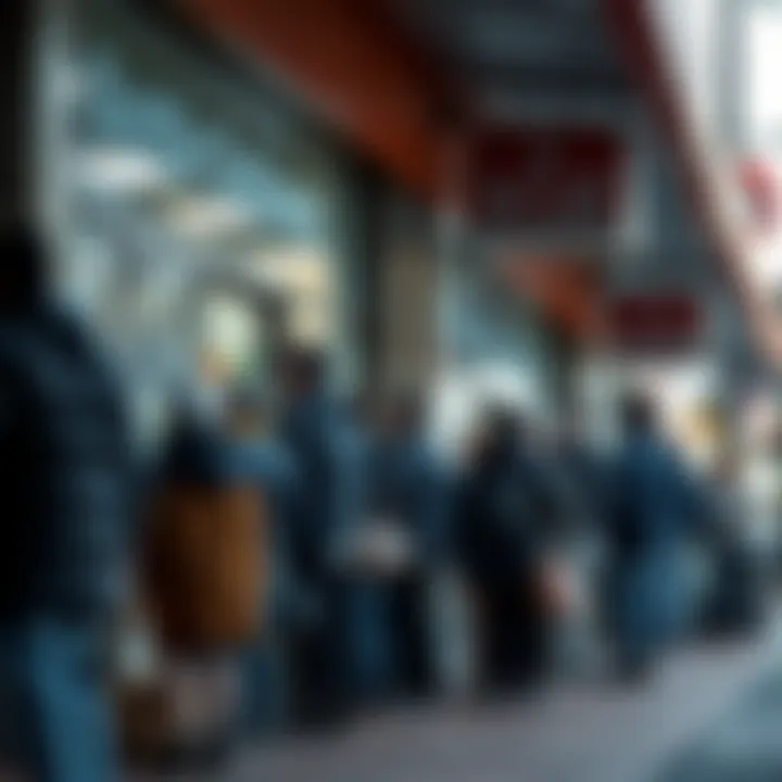 Customers waiting in line outside a bottle store, adhering to social distancing measures