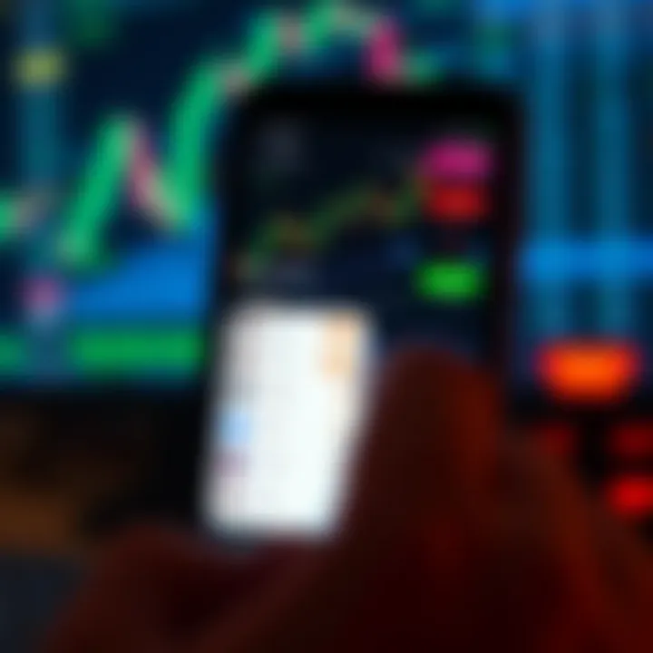 Mobile phone displaying binary trading charts and signal notifications for financial market analysis