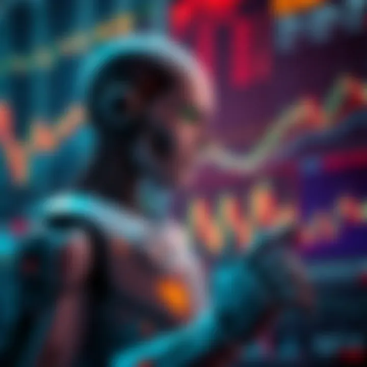 Illustration of a digital robot interacting with currency symbols and market charts