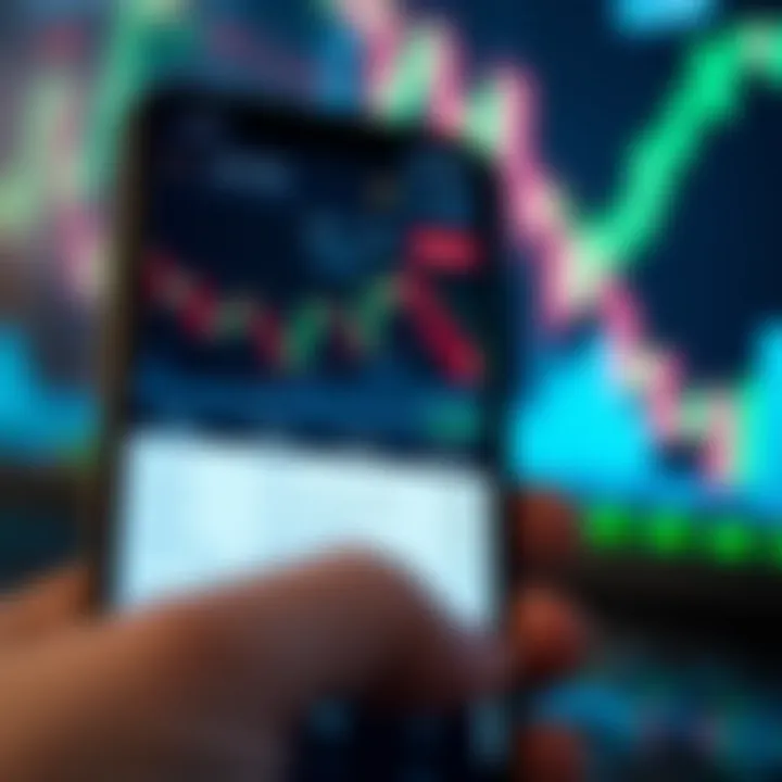 Smartphone displaying a forex trading app interface with charts and currency pairs