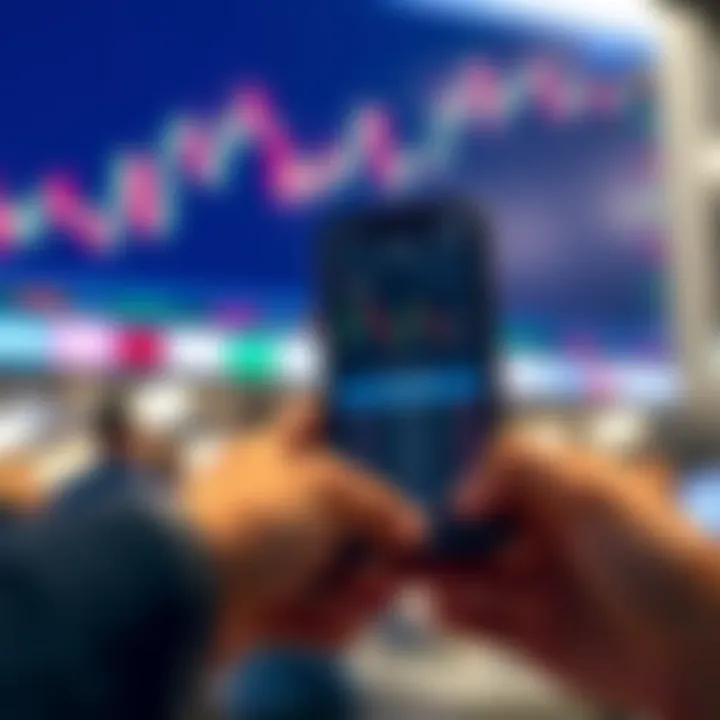 Mobile phone displaying a user-friendly trading app interface with stock charts and market information