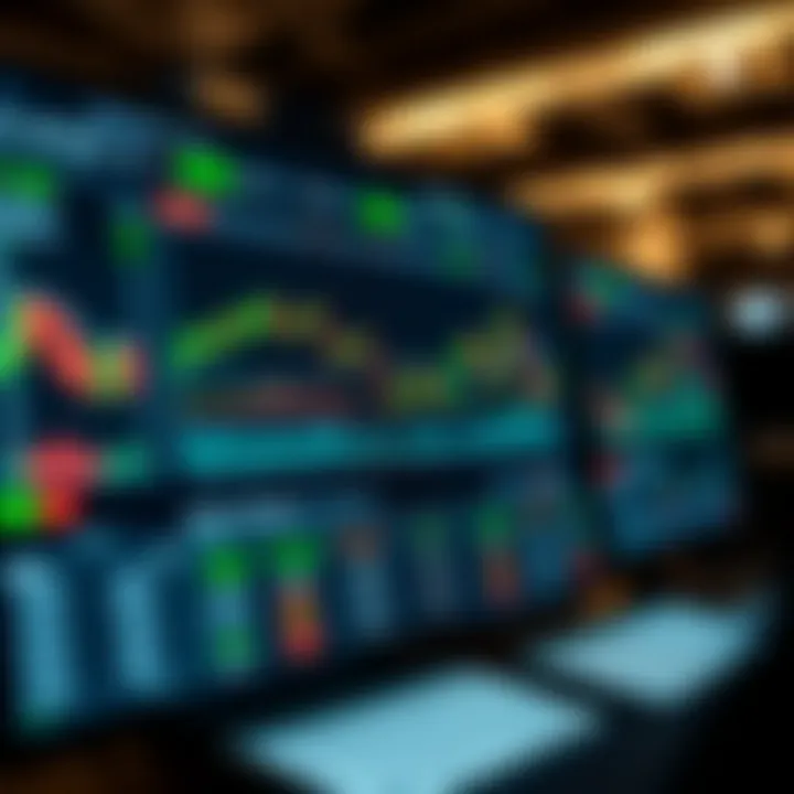 Digital interface displaying binary options trading platform with charts and options buttons