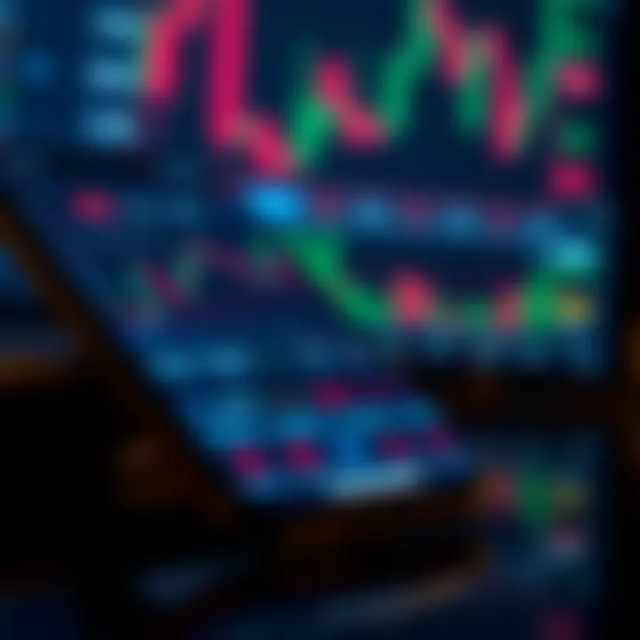 Mobile phone displaying forex trading app interface with currency charts and trading options