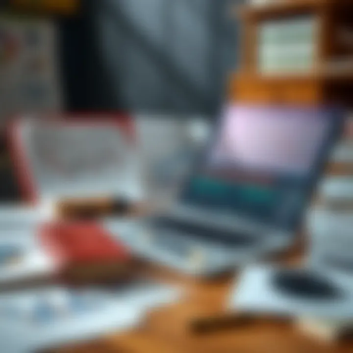 Collection of educational materials including charts, books, and a laptop showing forex trading platform