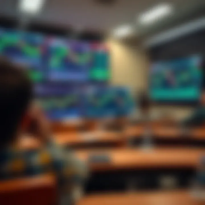 Illustration showing a classroom setting with charts and graphs related to forex trading on digital screens