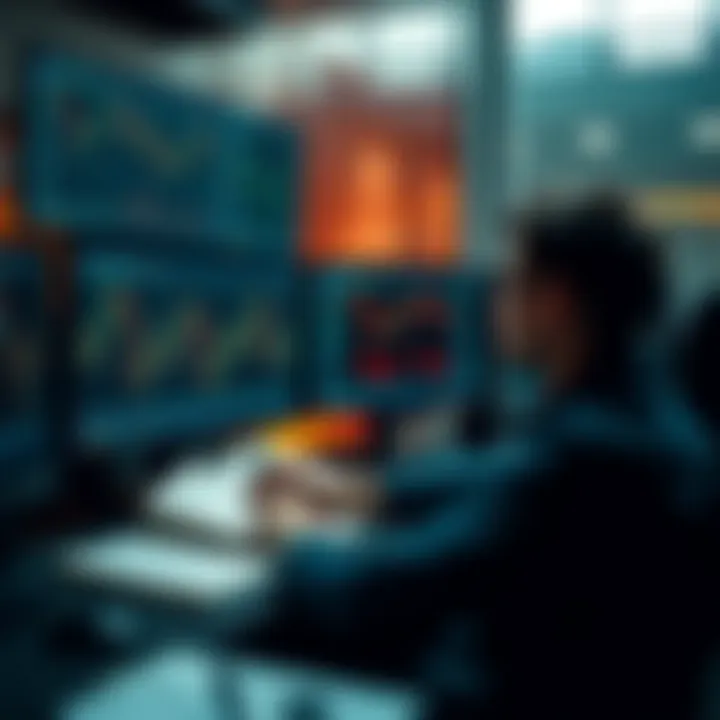 Visualization of a person analyzing forex market trends on multiple monitors with educational materials nearby