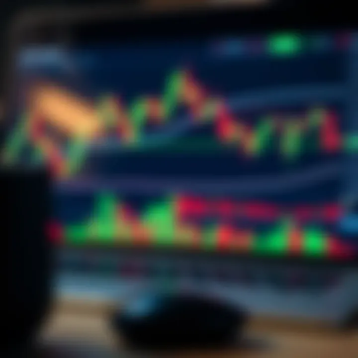 Graph showing currency exchange trends with technical indicators and candlestick patterns on a digital trading platform