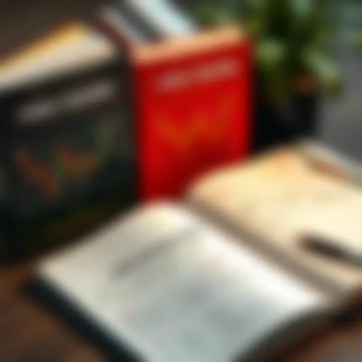 Open book with forex charts and graphs displayed alongside notebooks and pen for note-taking