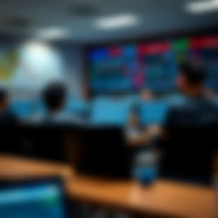 Classroom setting with students learning forex trading on laptops