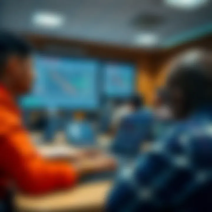 Classroom setting with students engaging in forex trading lessons using laptops