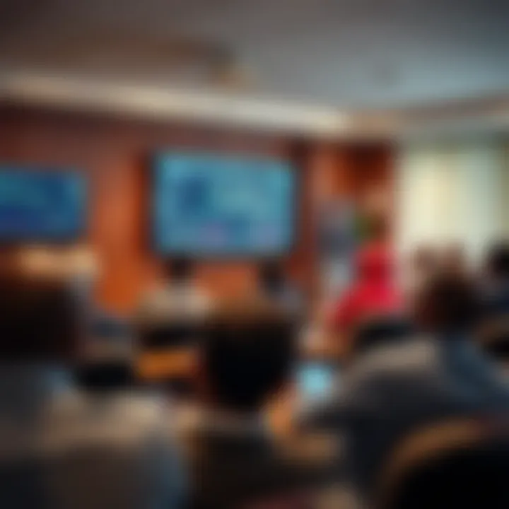 A classroom setting with a speaker explaining forex trading concepts on a digital screen to an attentive audience in Durban