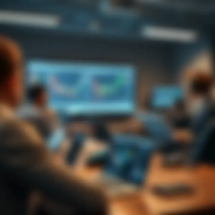 A modern classroom setup with students engaging in a forex trading workshop on laptops