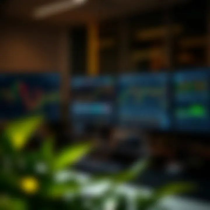 Forex trading workstation with multiple screens displaying currency charts and graphs under ambient lighting