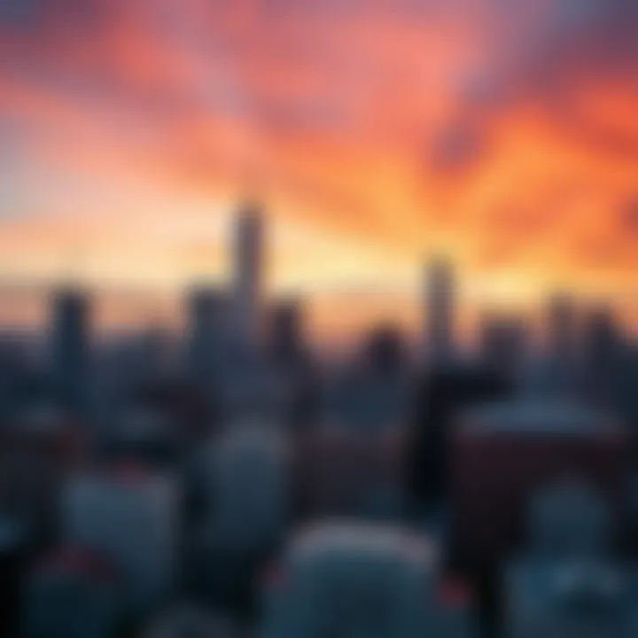 View of Yokohama city skyline with financial district buildings during sunset