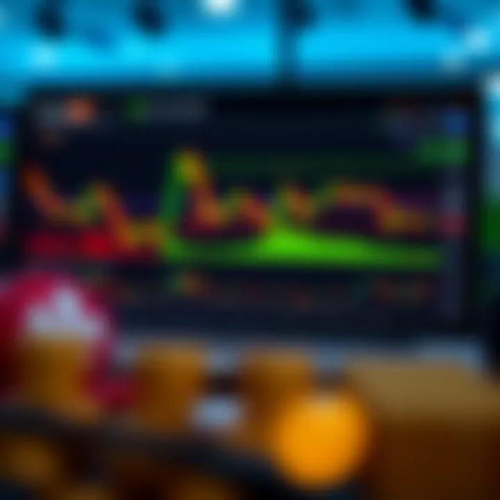 Computer screen displaying a forex trading platform with virtual currency charts and indicators