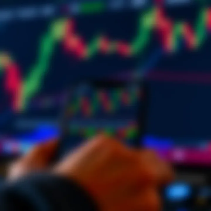 Mobile phone displaying forex trading app interface with charts and market data