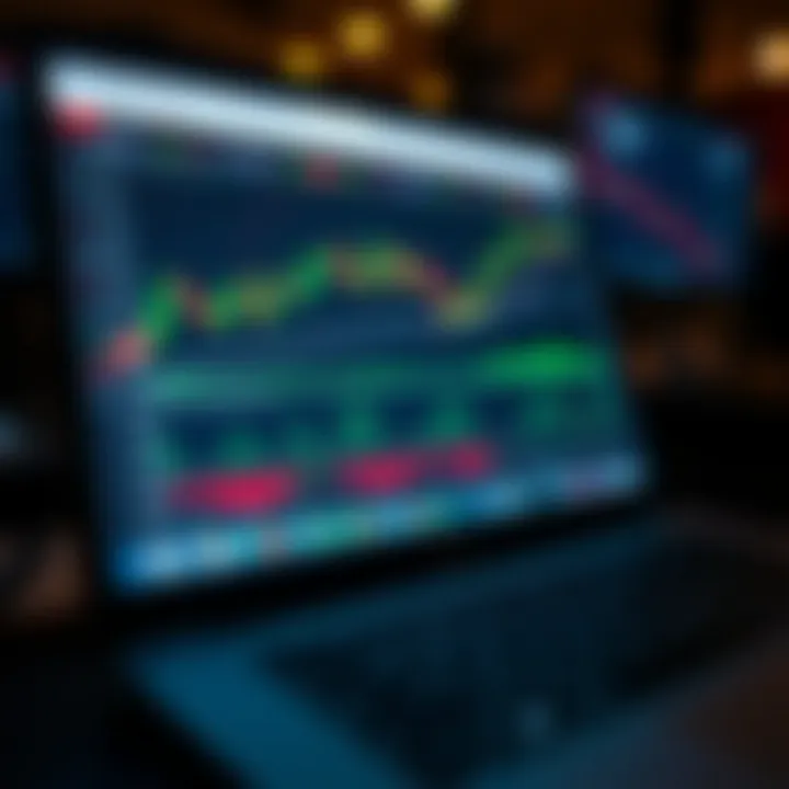 Close-up of keyboard and laptop with forex simulator software open showing market trends