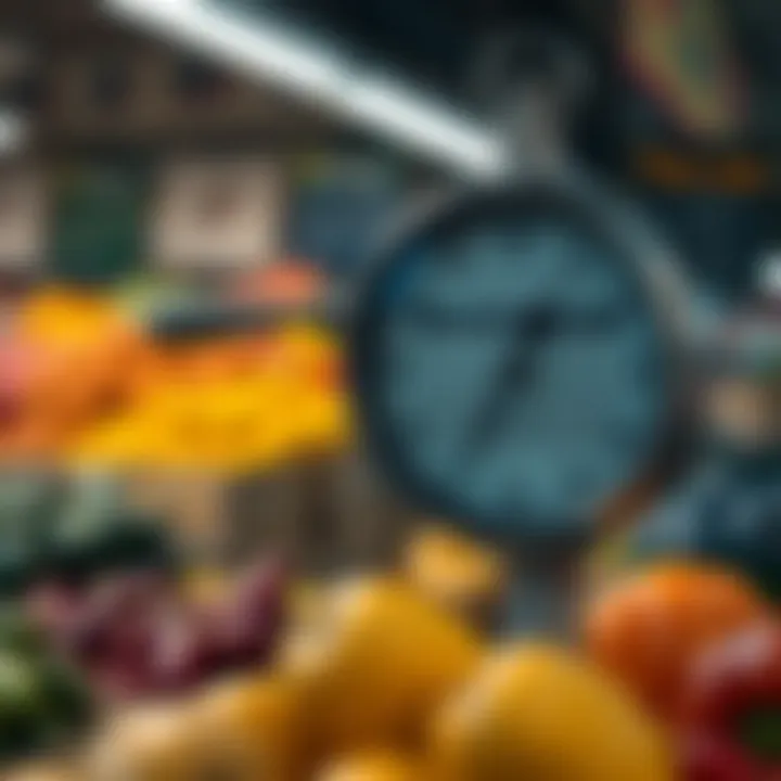 Clock showing trading hours with calendar and fresh produce in the background