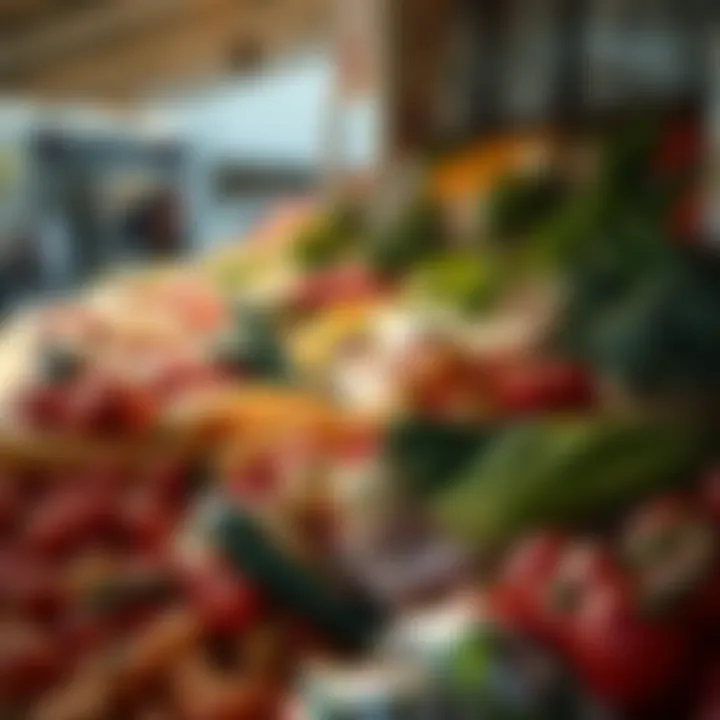 Fresh fruits and vegetables displayed on market tables under morning sunlight