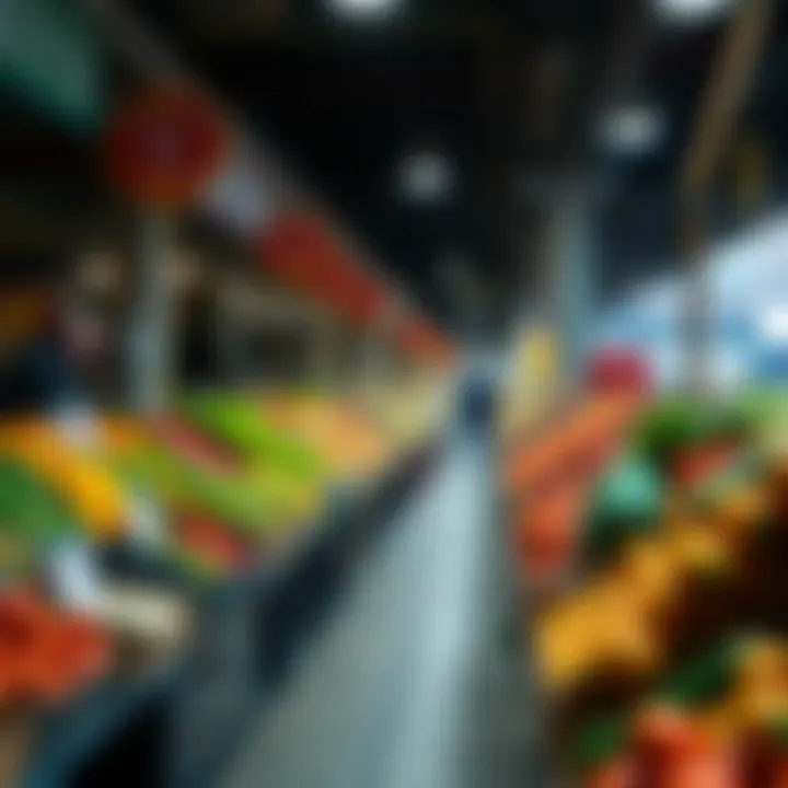 Market stalls with vibrant fruits and vegetables during peak trading hours