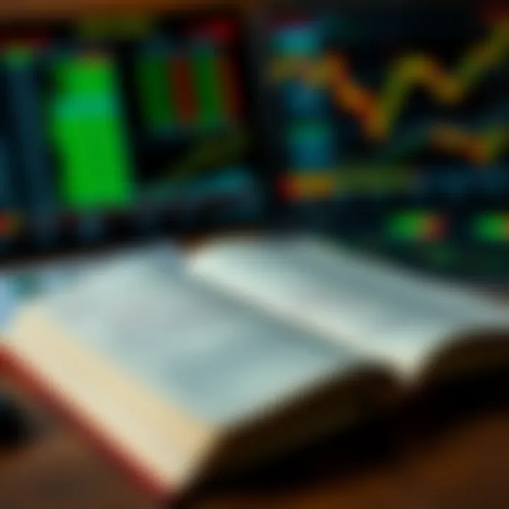 Open book with forex market charts and graphs beside it symbolizing trading knowledge