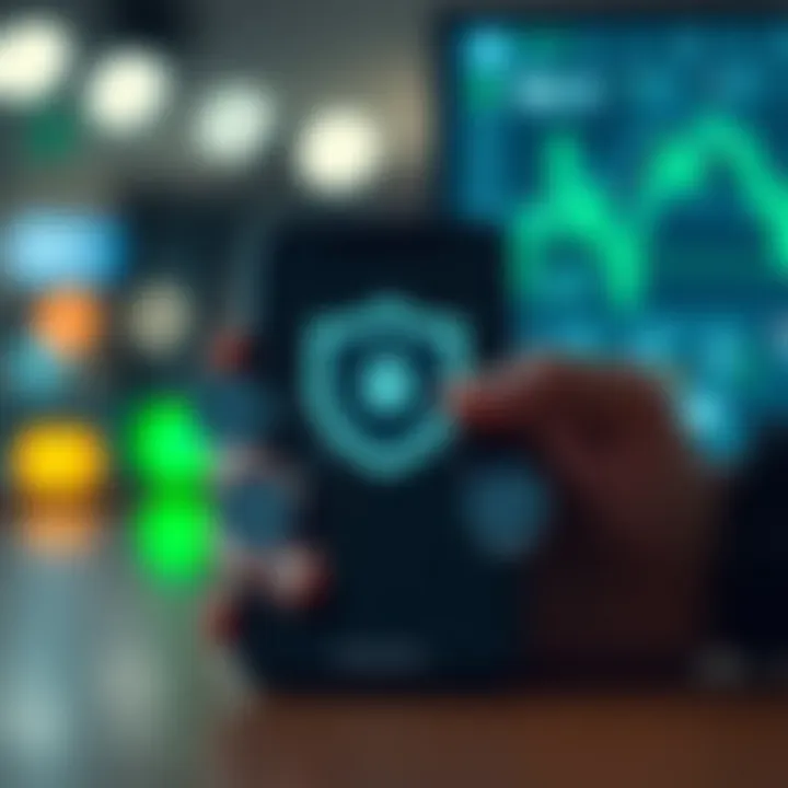 Illustration showing key features like security shield, low fees, and user-friendly design icons around a smartphone