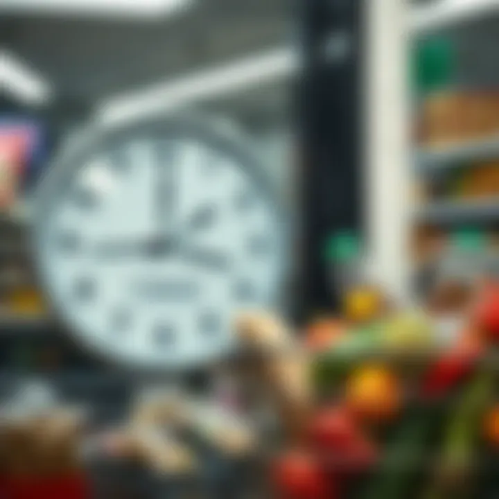Clock showing typical opening hours alongside a shopping basket filled with groceries