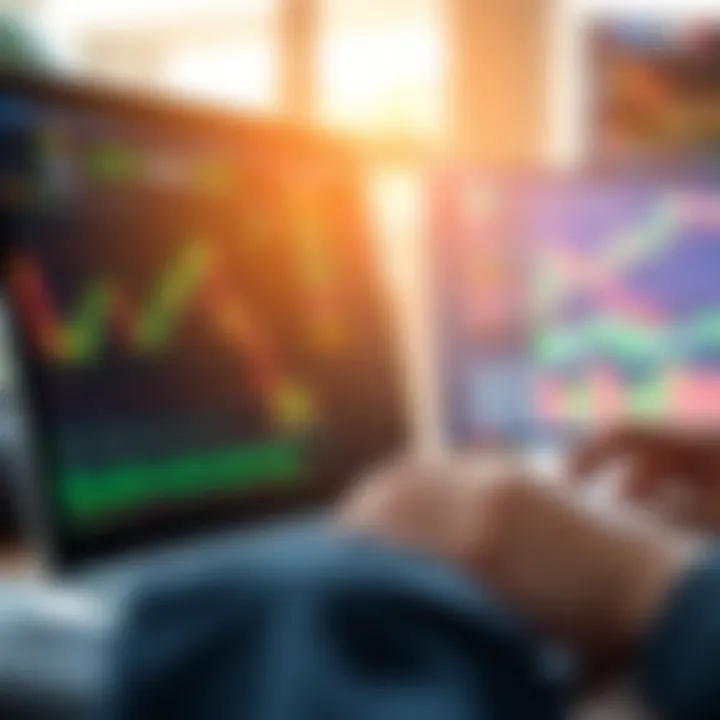Illustration showing the interface of a binary options demo account with trading charts and virtual funds