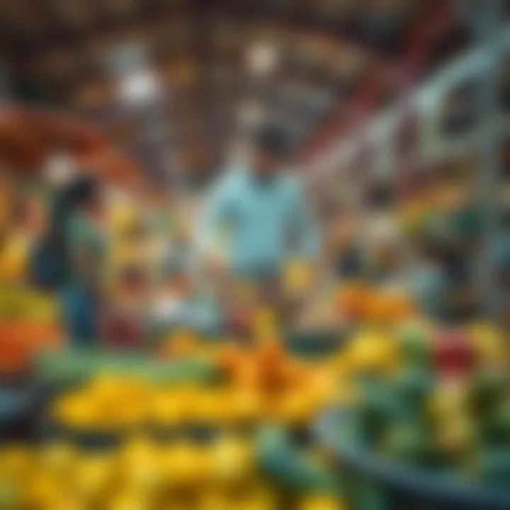 Wide view of a vibrant outdoor fruit and vegetable market bustling with fresh produce stalls in South Africa