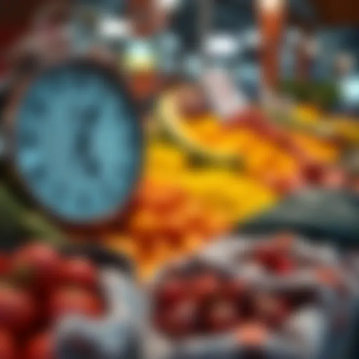 Clock representing typical trading hours alongside fresh fruits and vegetables arranged for sale