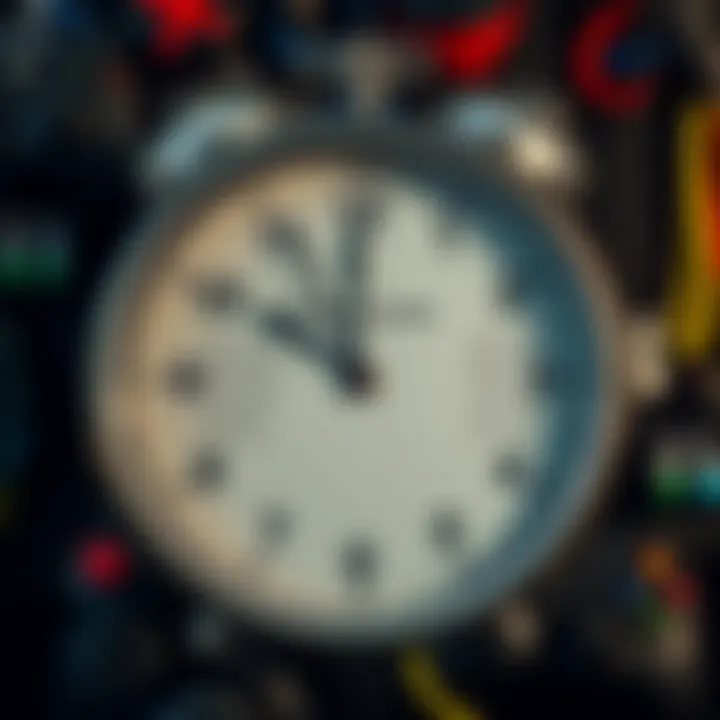 Clock showing typical opening and closing times with a background of gaming accessories and a calendar indicating holiday adjustments