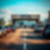 View of Verulam Testing Ground entrance with vehicles lined up for testing and industrial buildings in the background
