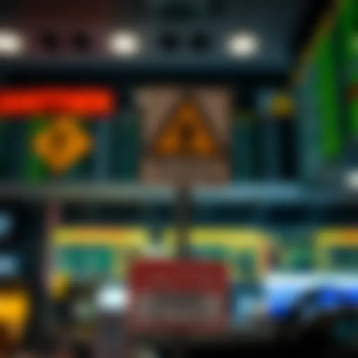 Visual depiction of warning signs indicating potential fraudulent binary options schemes with caution symbols