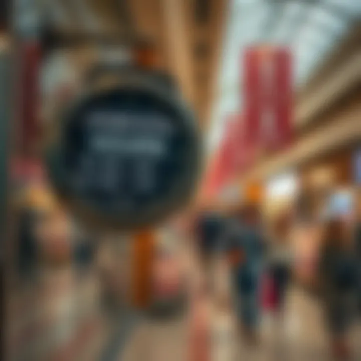 Clock displaying trading hours at Woodmead Factory Shops with shoppers walking nearby