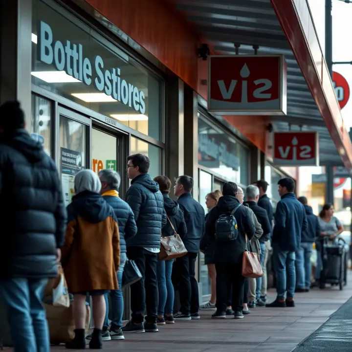 Customers waiting in line outside a bottle store, adhering to social distancing measures
