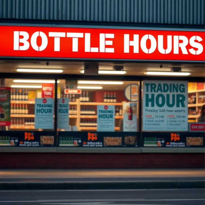 Exterior of a closed bottle store with clear signage about trading hours during lockdown