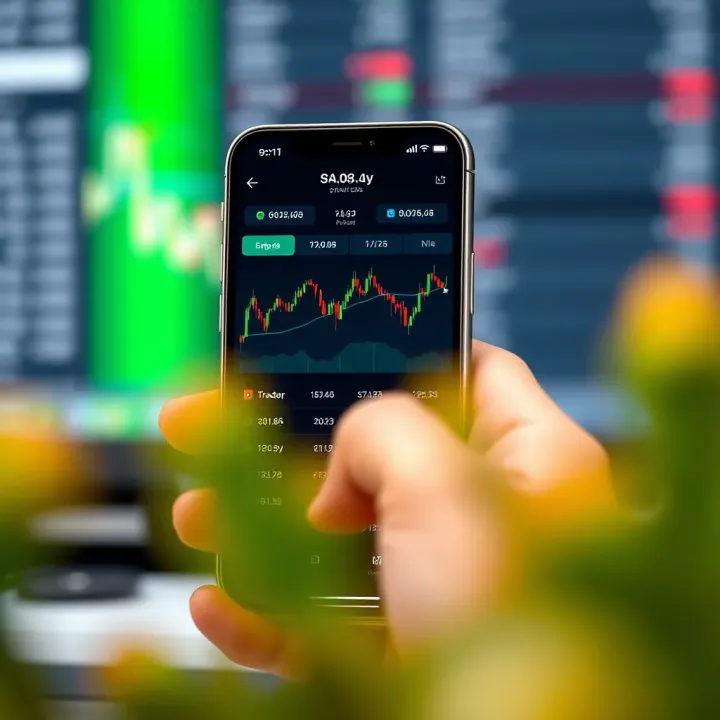 Mobile phone screen displaying a South African trading app interface with stock charts and portfolio overview