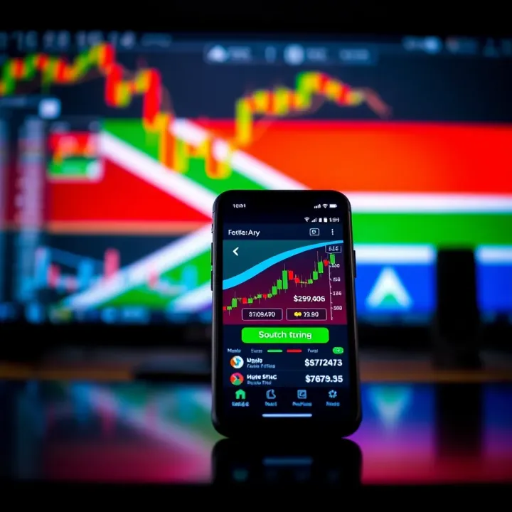 Mobile phone displaying forex trading app interface with currency charts and South African flag