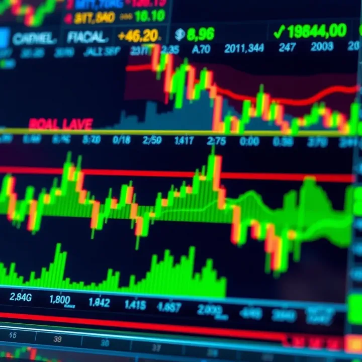 Graphical representation of key trading indicators like moving averages and volume trends