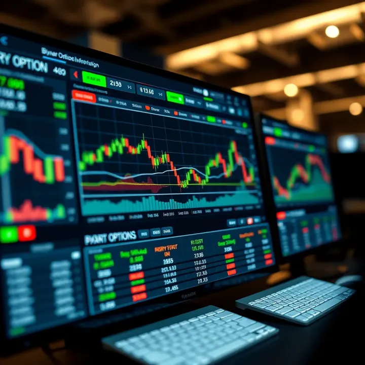 Digital interface displaying binary options trading platform with charts and options buttons