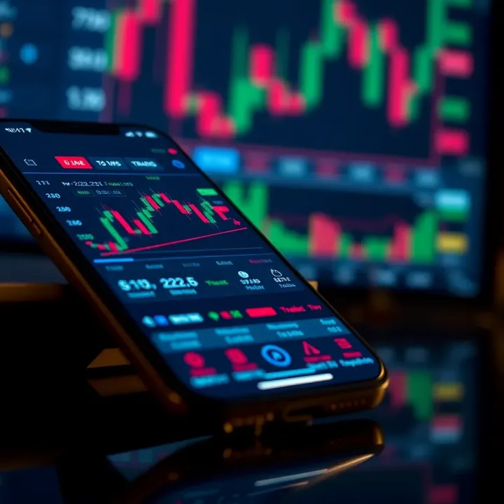 Mobile phone displaying forex trading app interface with currency charts and trading options
