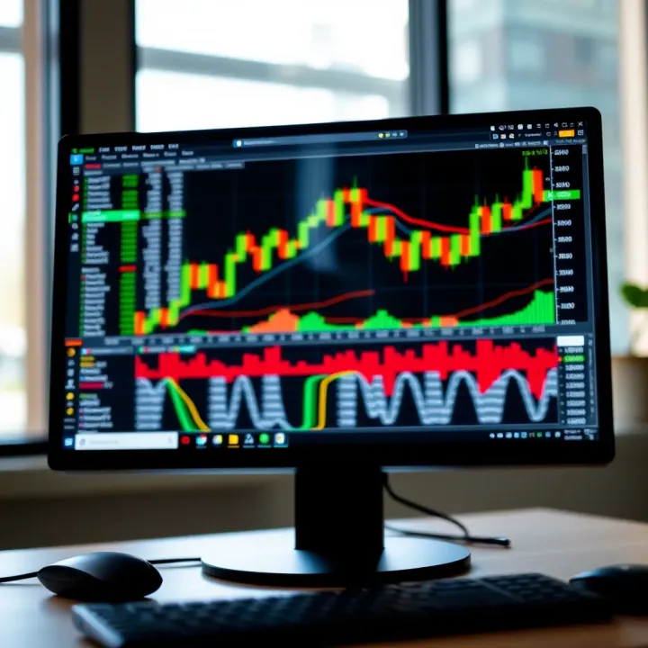 Forex Trading Software Interface Showcasing Market Charts and Data Computer screen displaying forex trading software interface with charts and market data